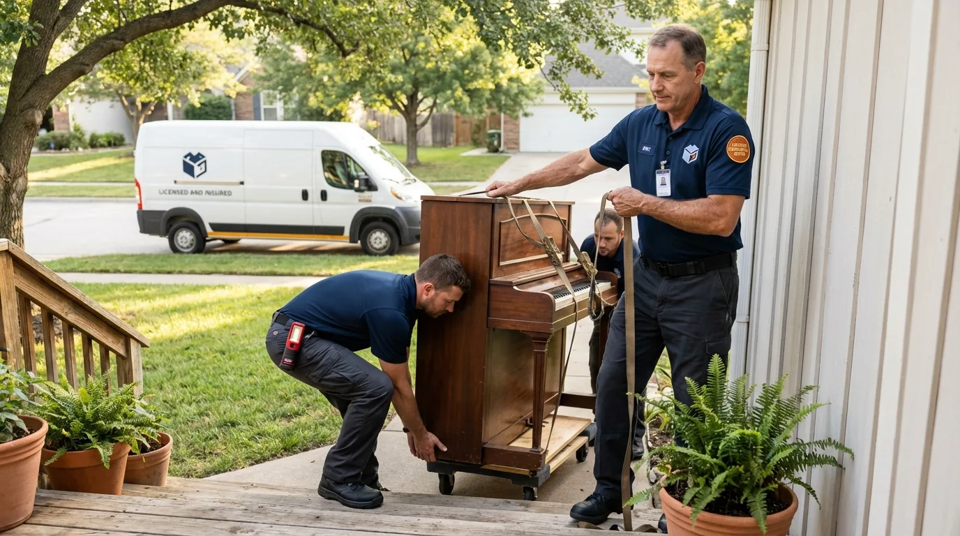 Licensed piano movers securing grand piano in Anoka, MN