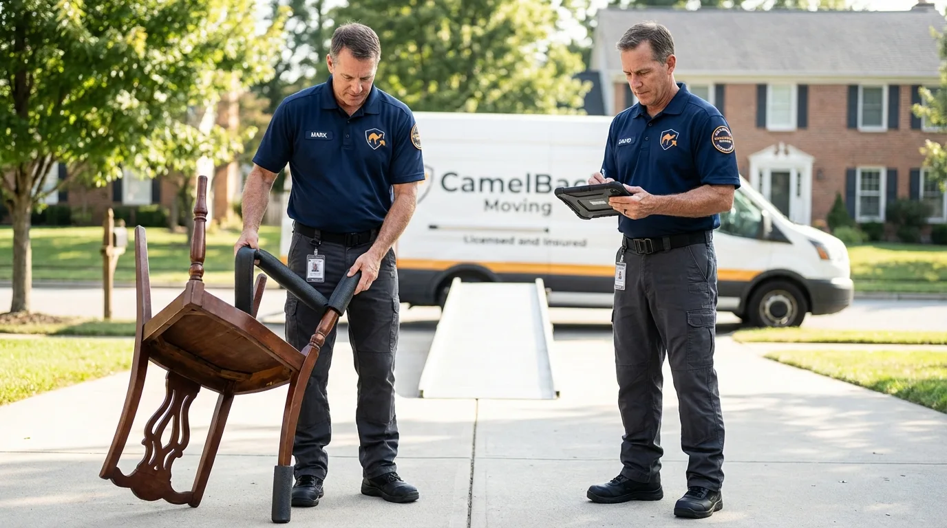 Movers inspecting furniture for damage prevention before loading in Anoka, MN